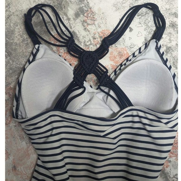 Kona Sol Blue and White Coastal Stripe Strappy Knotted One-piece Swimsuit M - Picture 5 of 8